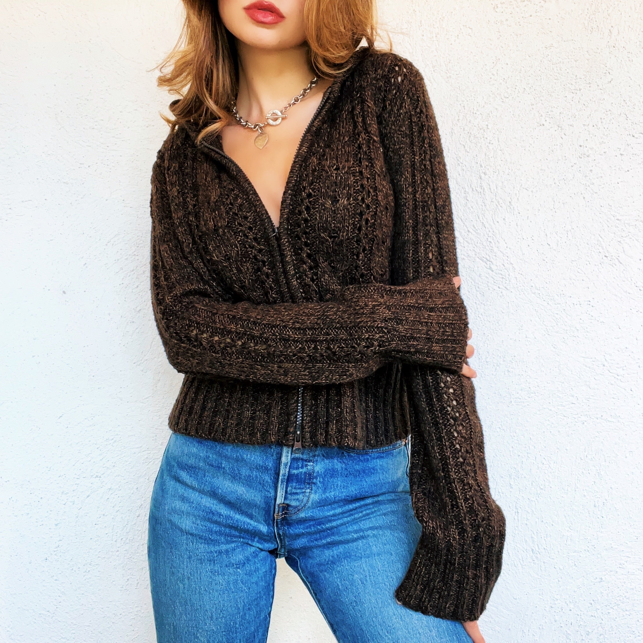 Brown Knit Double Zip Hoodie