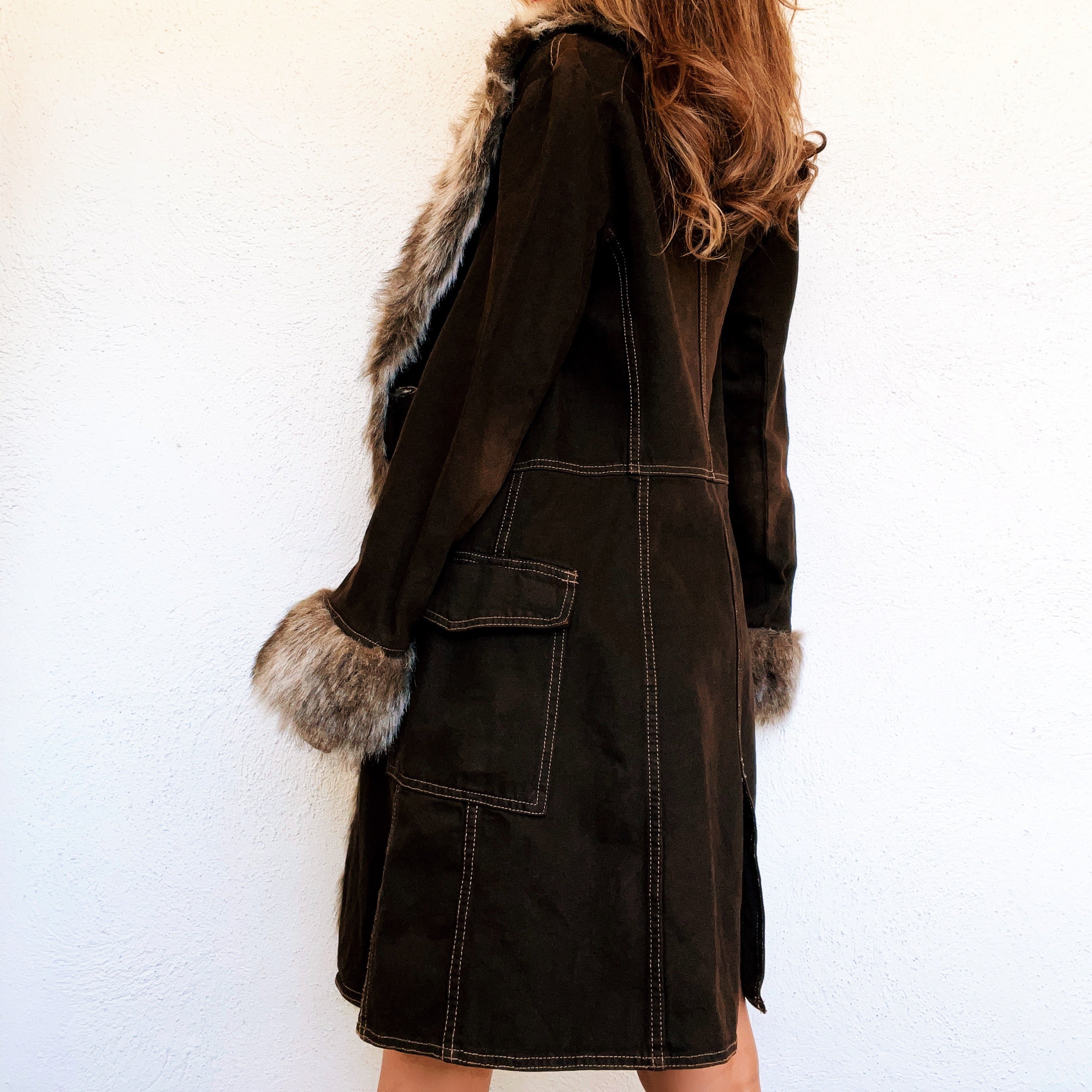 Faux Fur Denim Duster Jacket