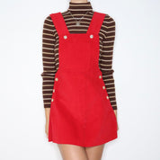 70s Red Corduroy Overall Dress (M)