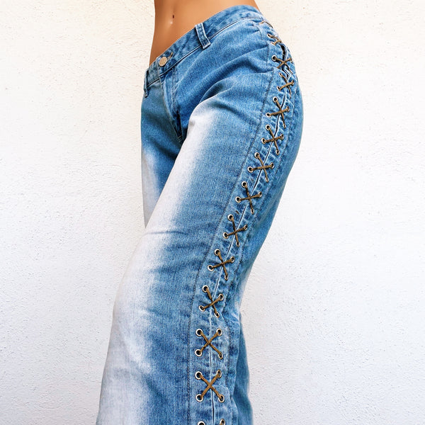 パンツ 00s archive goa lace-up flare denim Early 2000s Lace Up Jeans – Holy Thrift