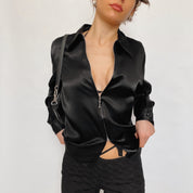 satin zip front blouse - large