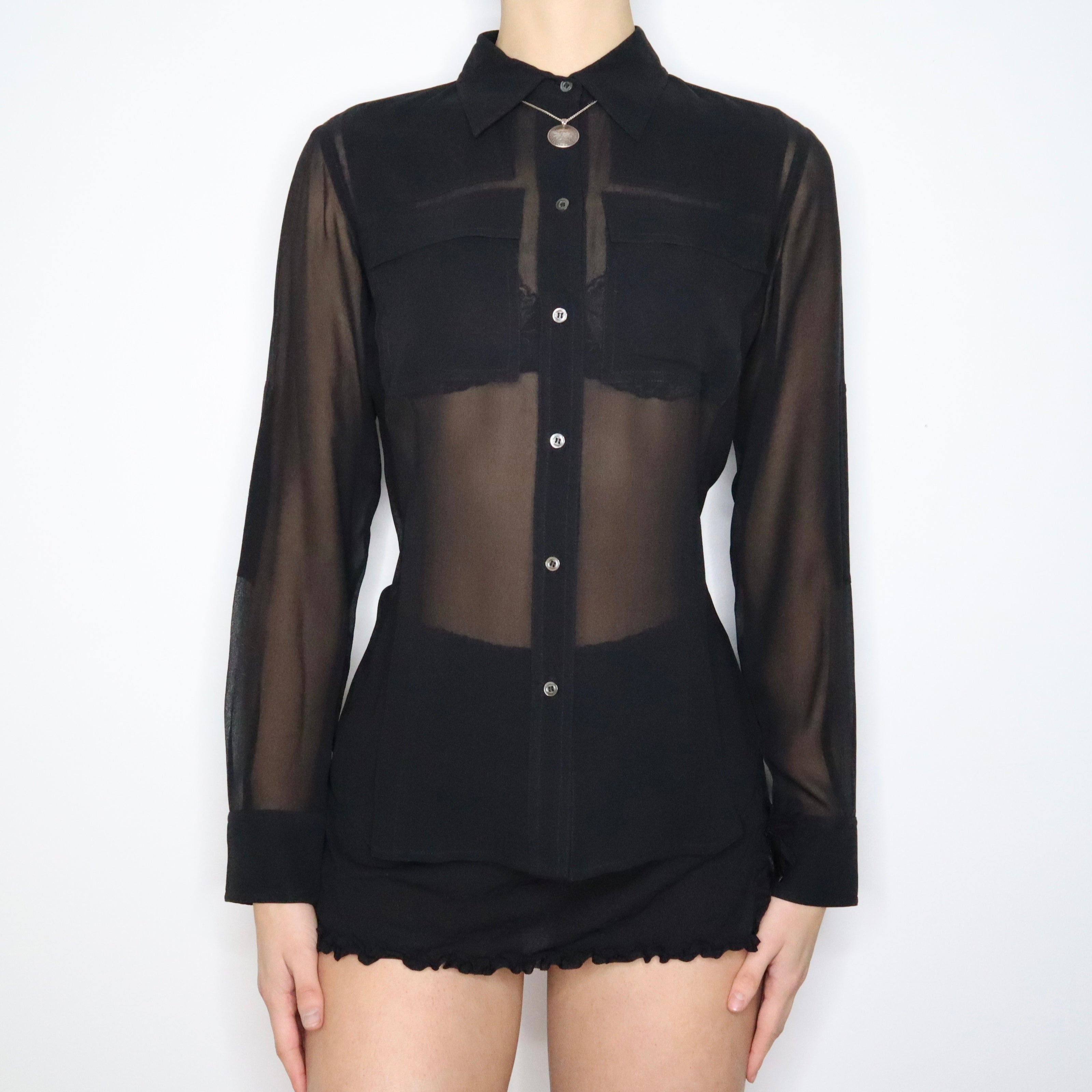 90s Black Silk Chiffon Blouse (M)