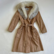 Vintage 70s light fur trim suede coat long - M/L