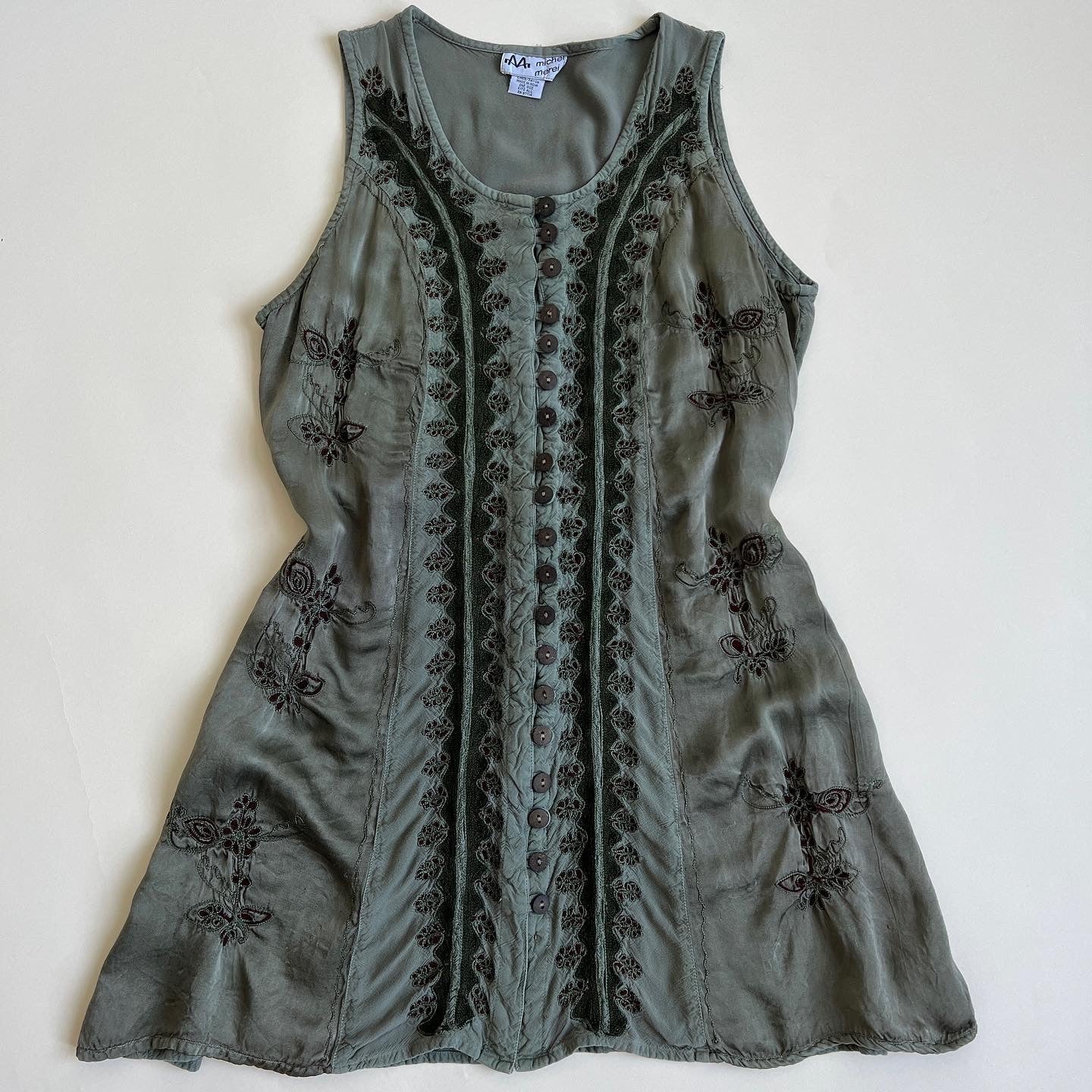90s embroidered sage mini dress - M/L