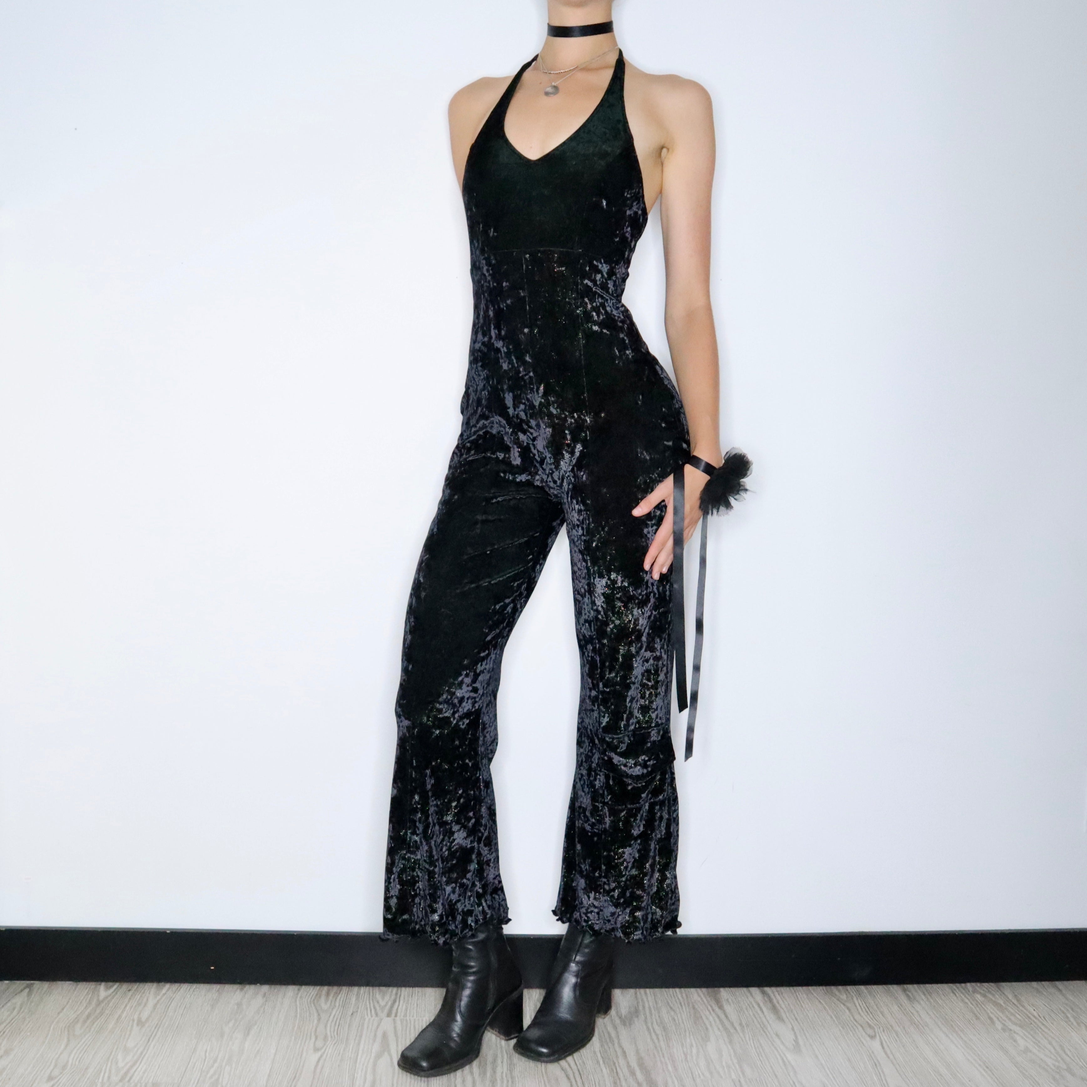90s Black Velvet Jumpsuit (S)