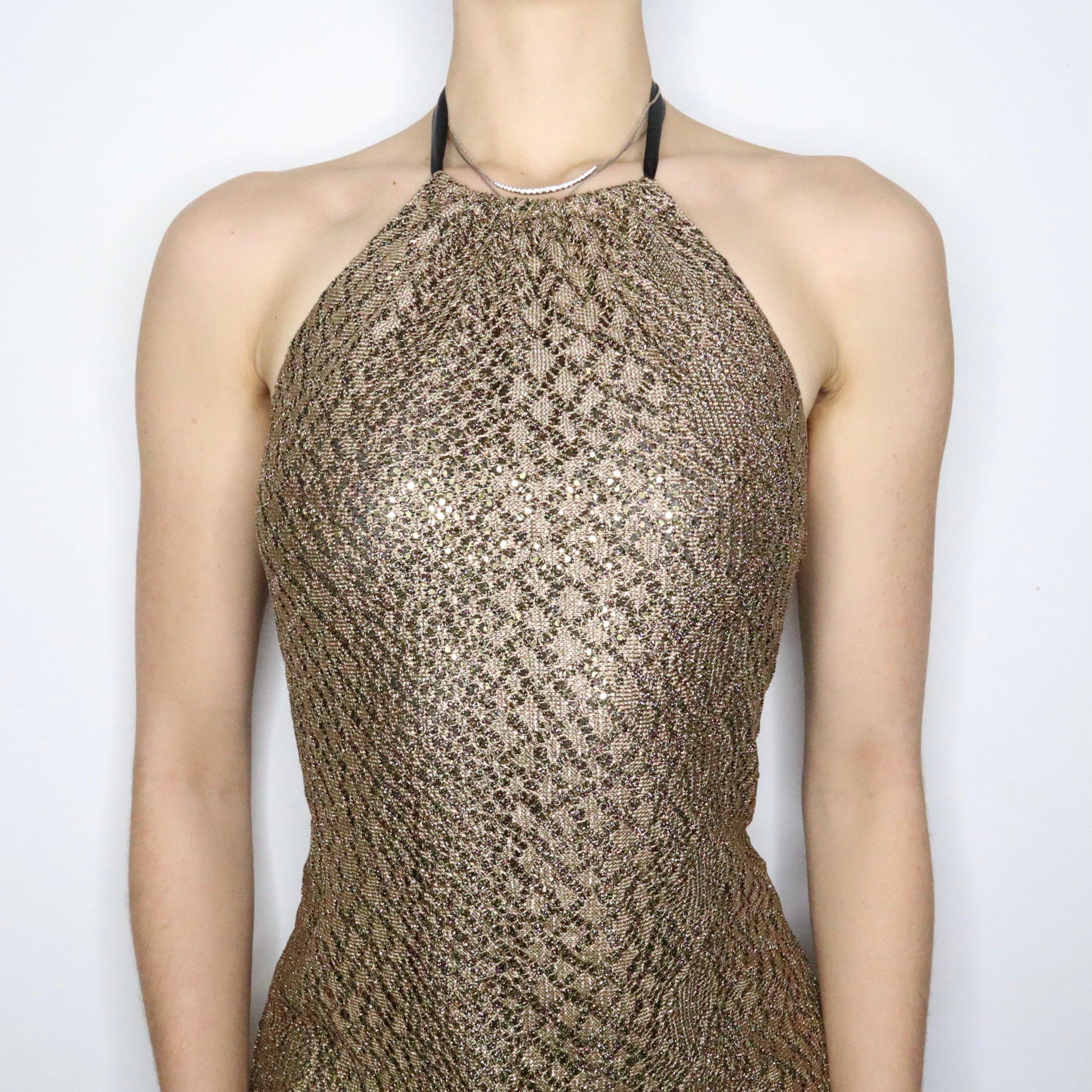 90s Gold Shimmer Crochet Halter Dress (M)