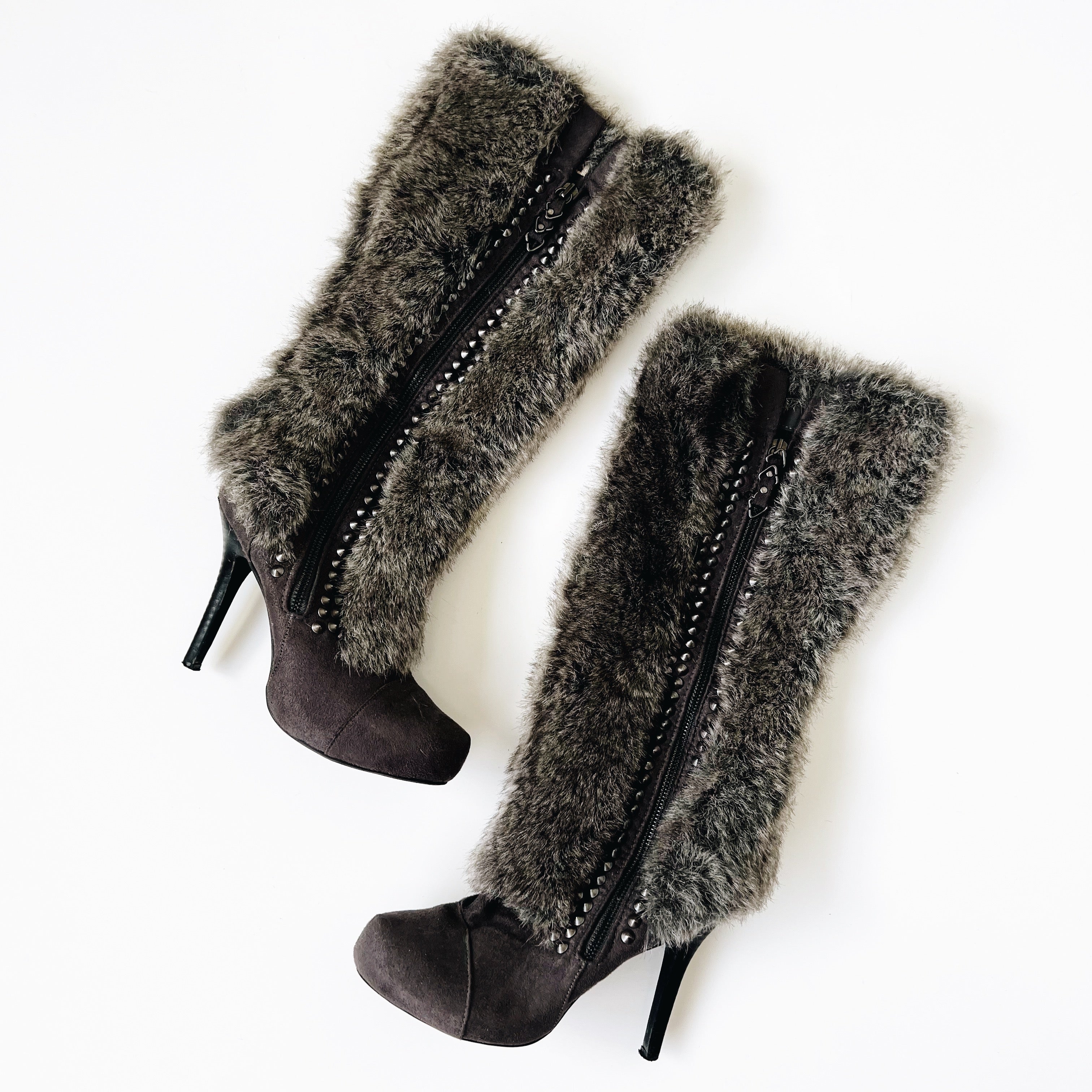 Furry Gray Stiletto Boots