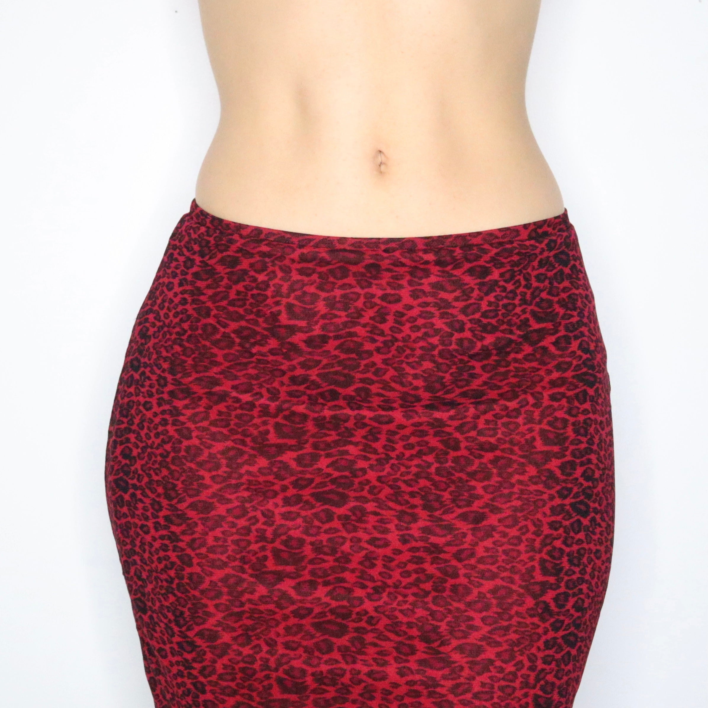 90s Red Leopard Print Mesh Midi Skirt (XS/S)