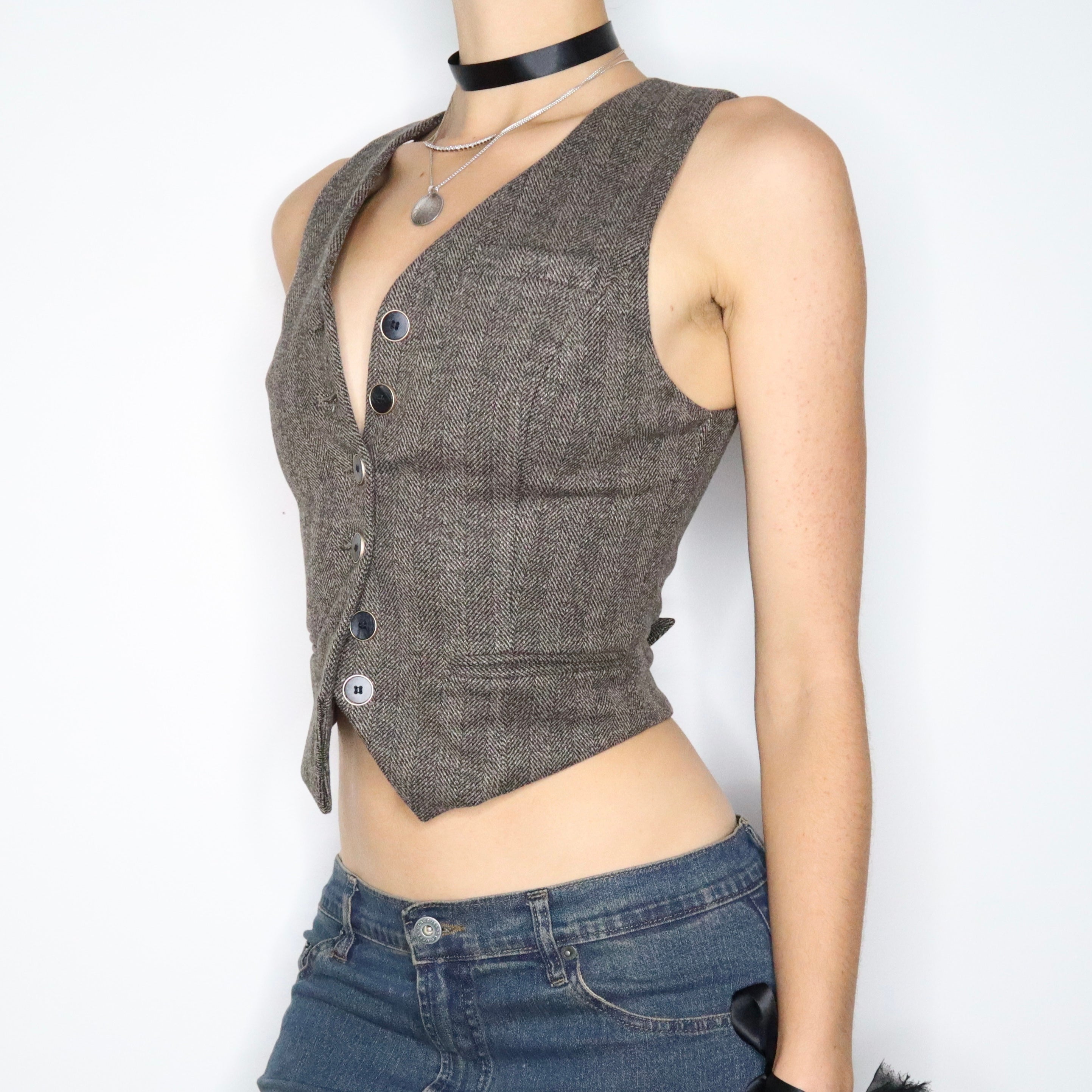 Vintage 90s Brown Tweed Waistcoat Vest (XS)
