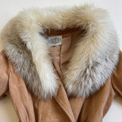 Vintage 70s light fur trim suede coat long - M/L