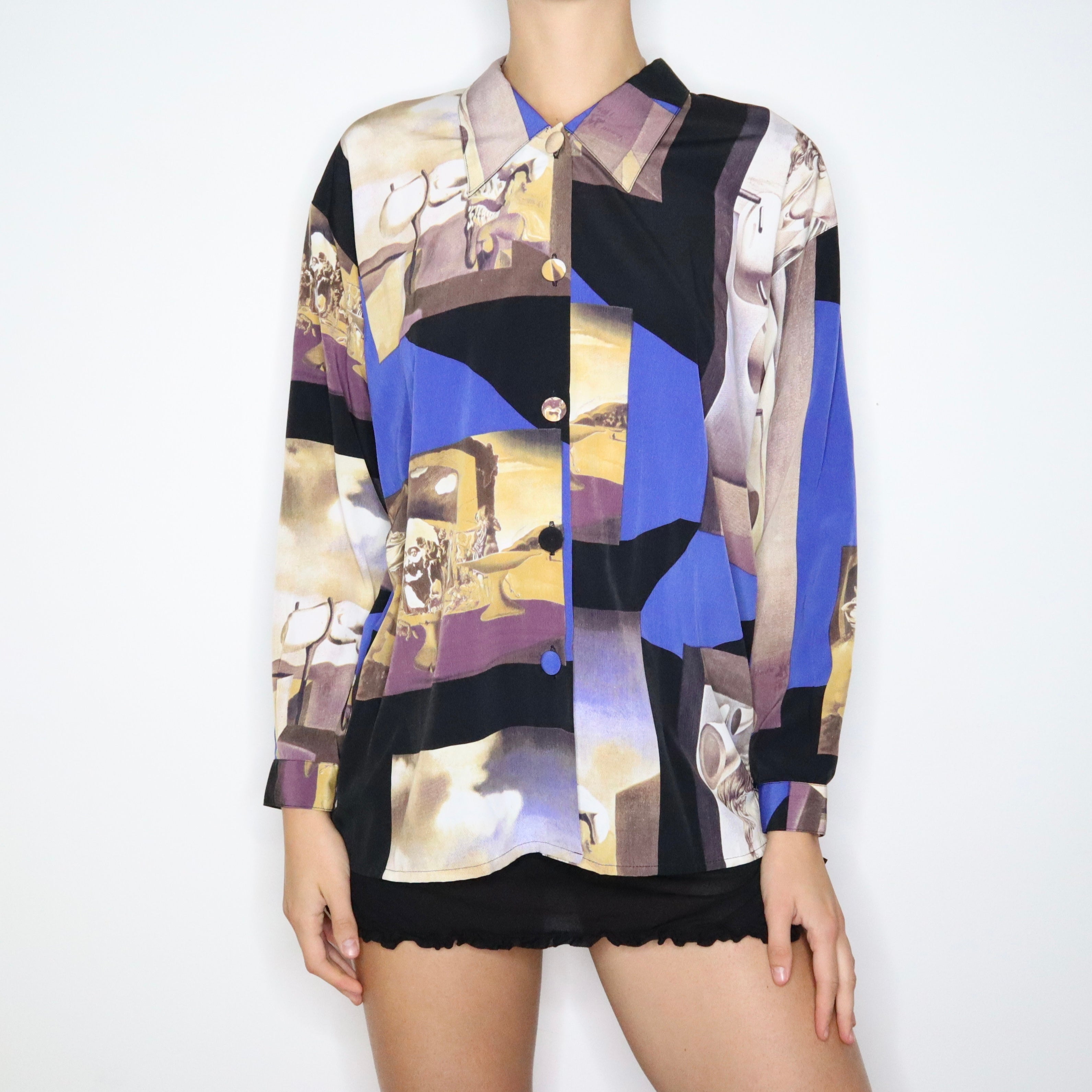 Vintage 80s Surrealist Print Button Up Blouse (Large)