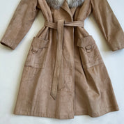Vintage 70s light fur trim suede coat long - M/L