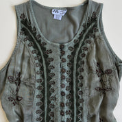 90s embroidered sage mini dress - M/L