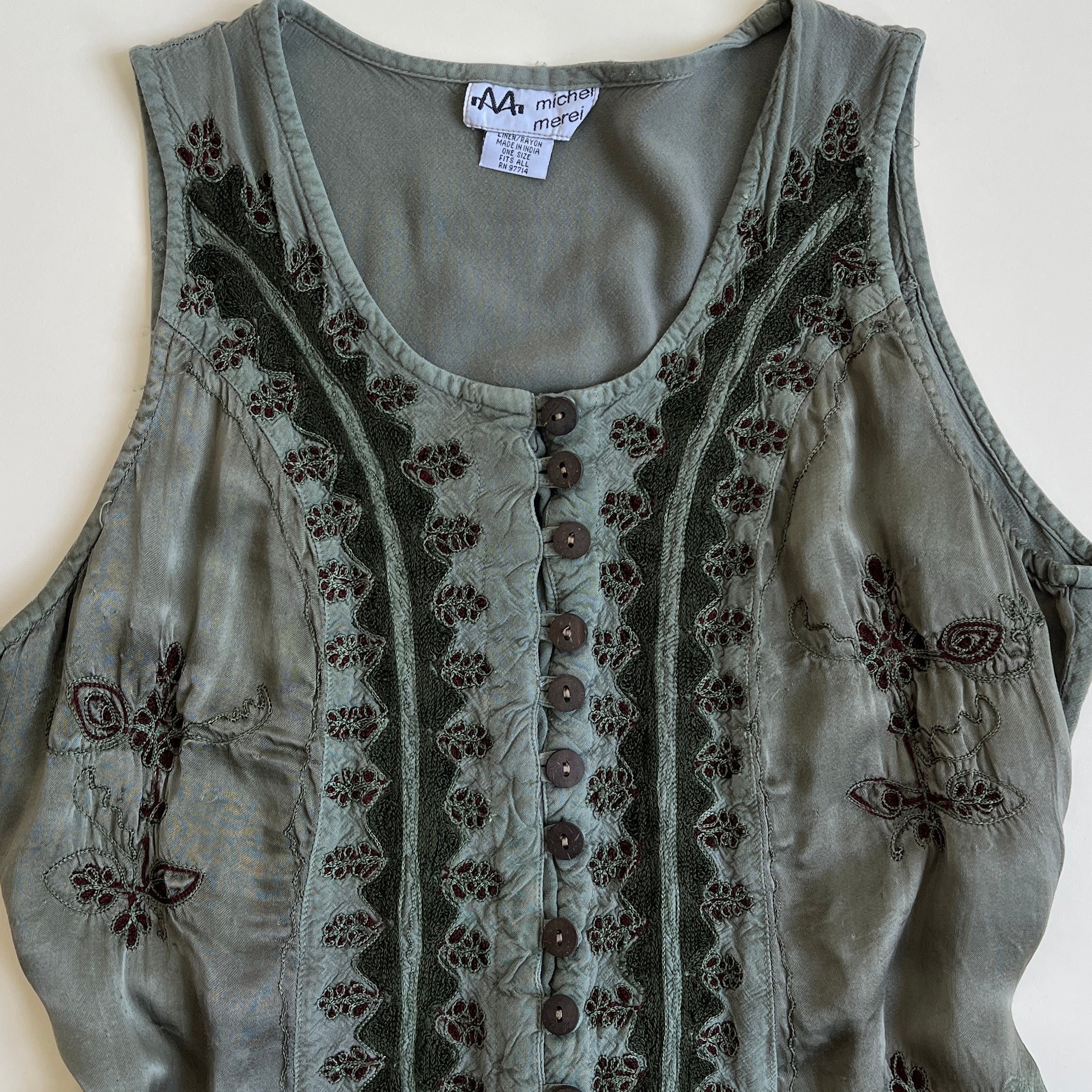 90s embroidered sage mini dress - M/L
