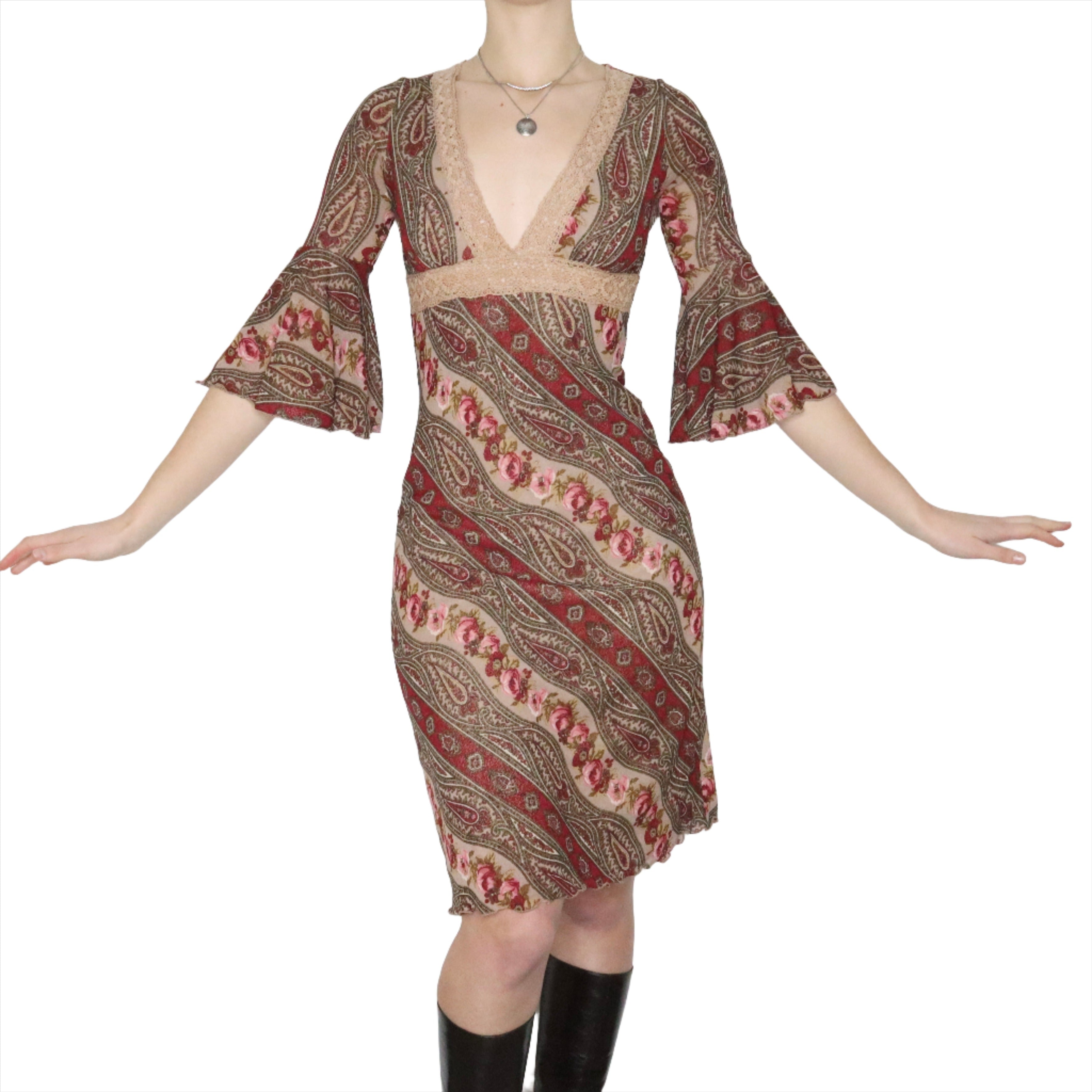 Y2K Boho Paisley Mesh Midi Dress (S/M)