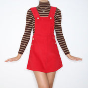 70s Red Corduroy Overall Dress (M)