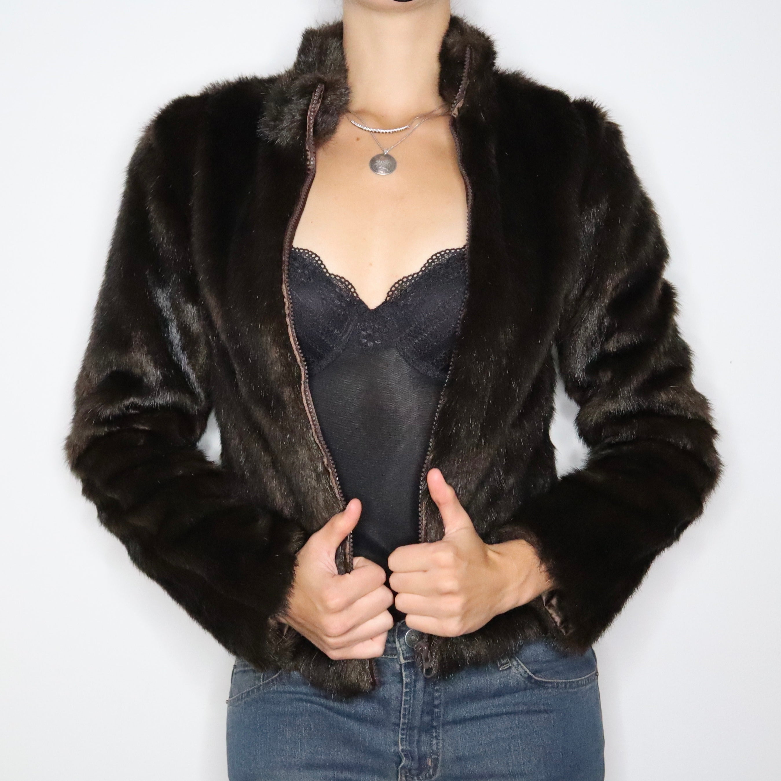 90s Brown Faux Fur Coat (XS)