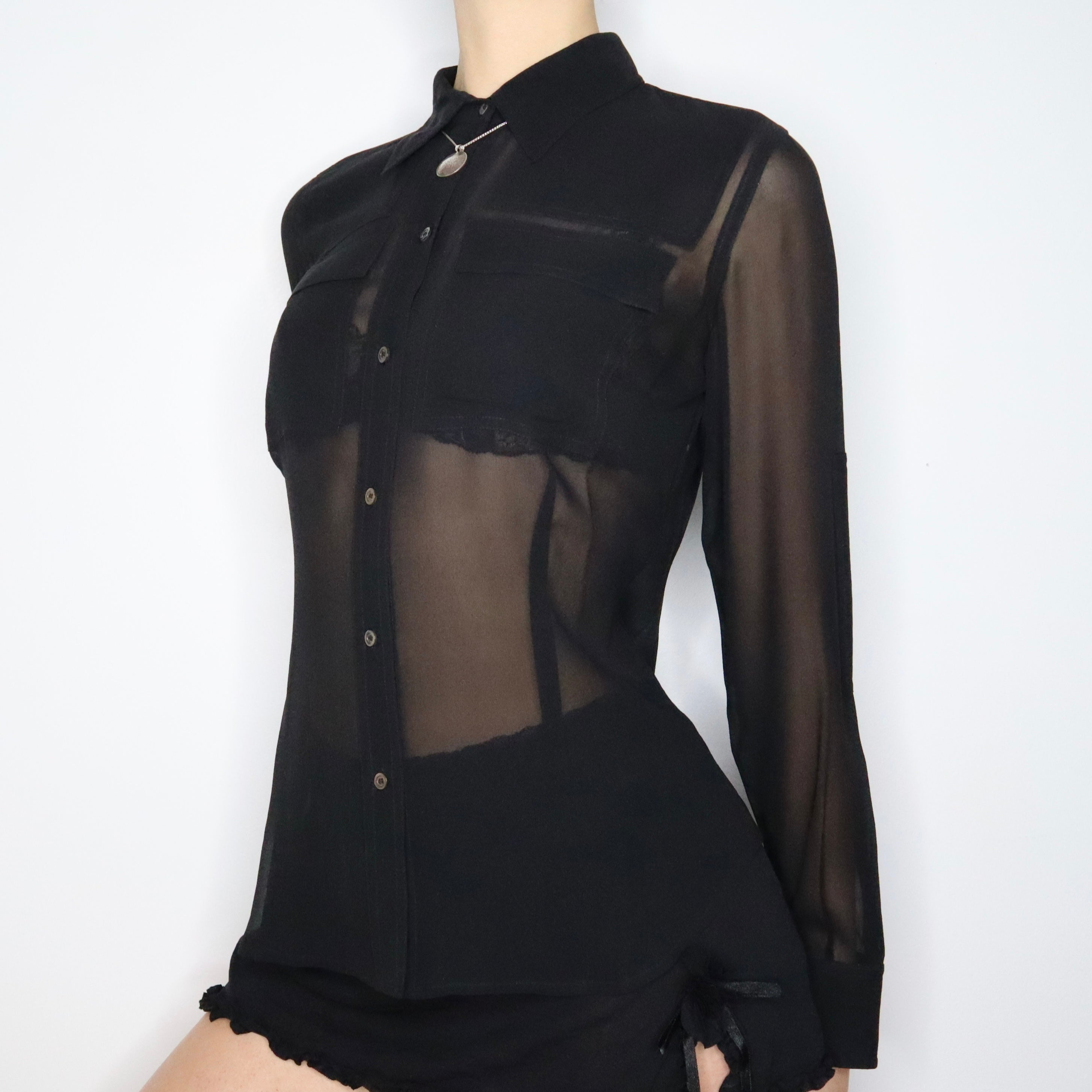 90s Black Silk Chiffon Blouse (M)