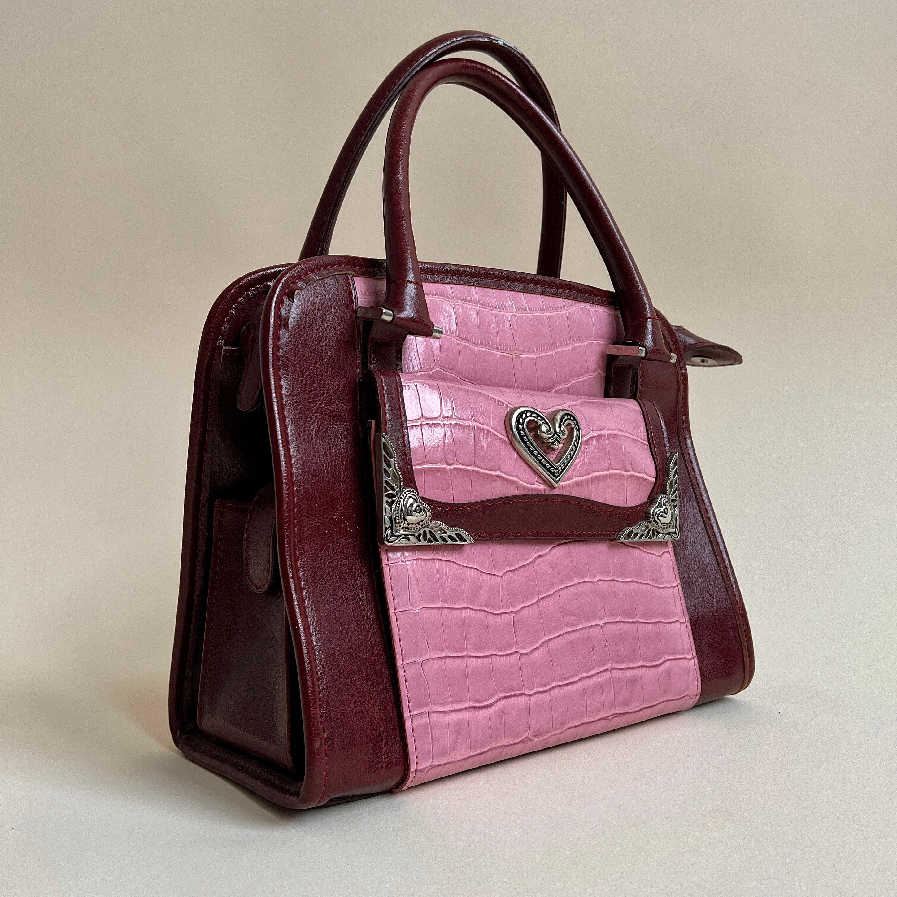 Merlot & pink pleather + silver heart purse