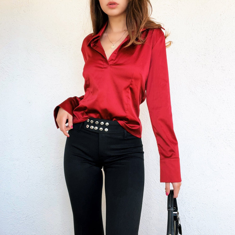 Silky Red Collared Top