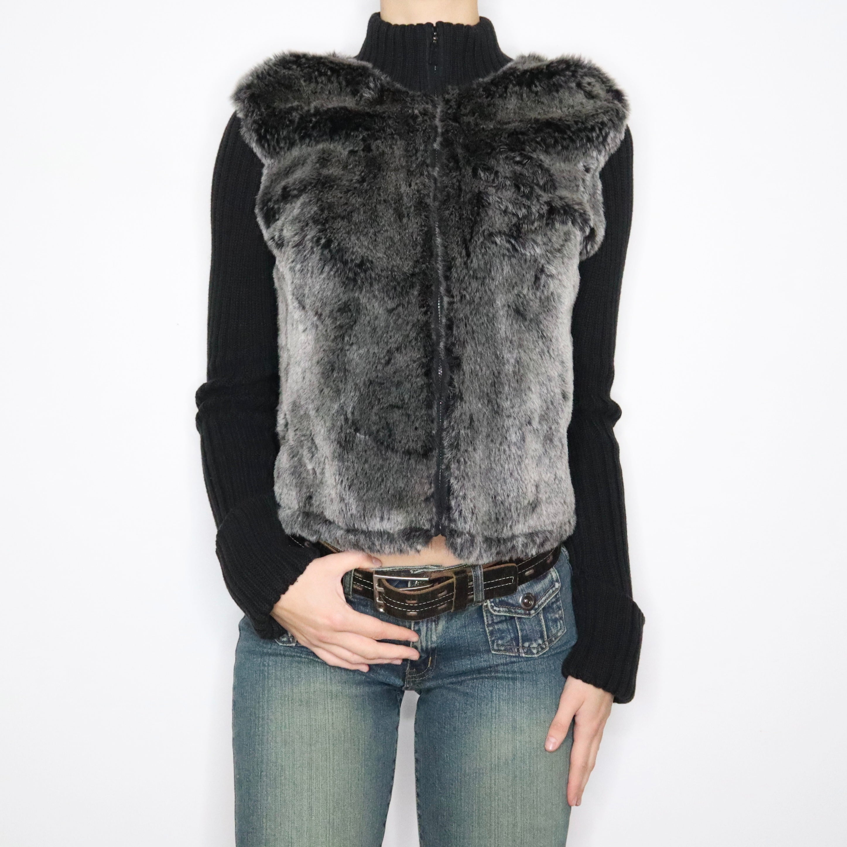 Y2K DKNY Gray Fur Zip Up Sweater (M/L)