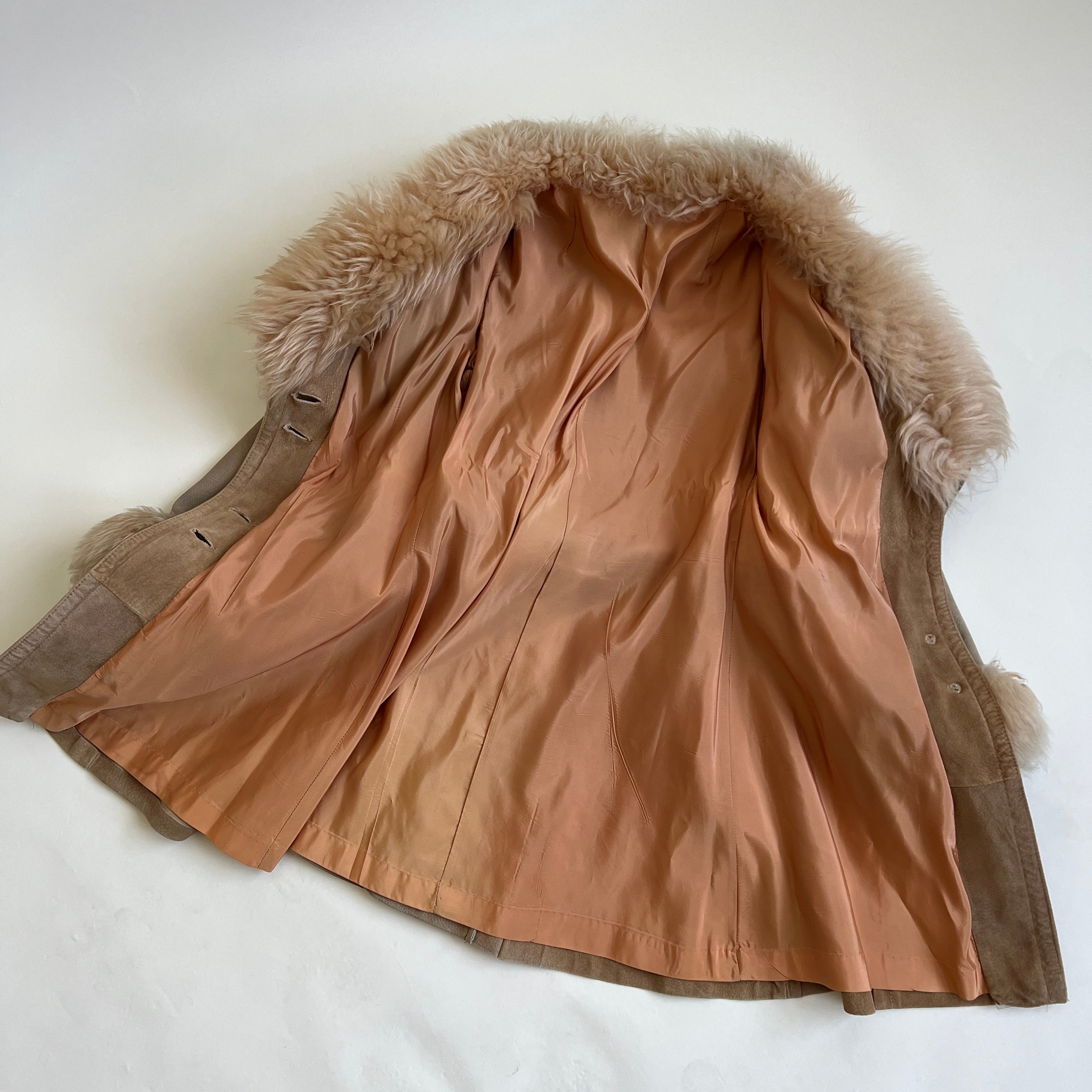 Vintage belted suede & faux fur trim coat - S/M