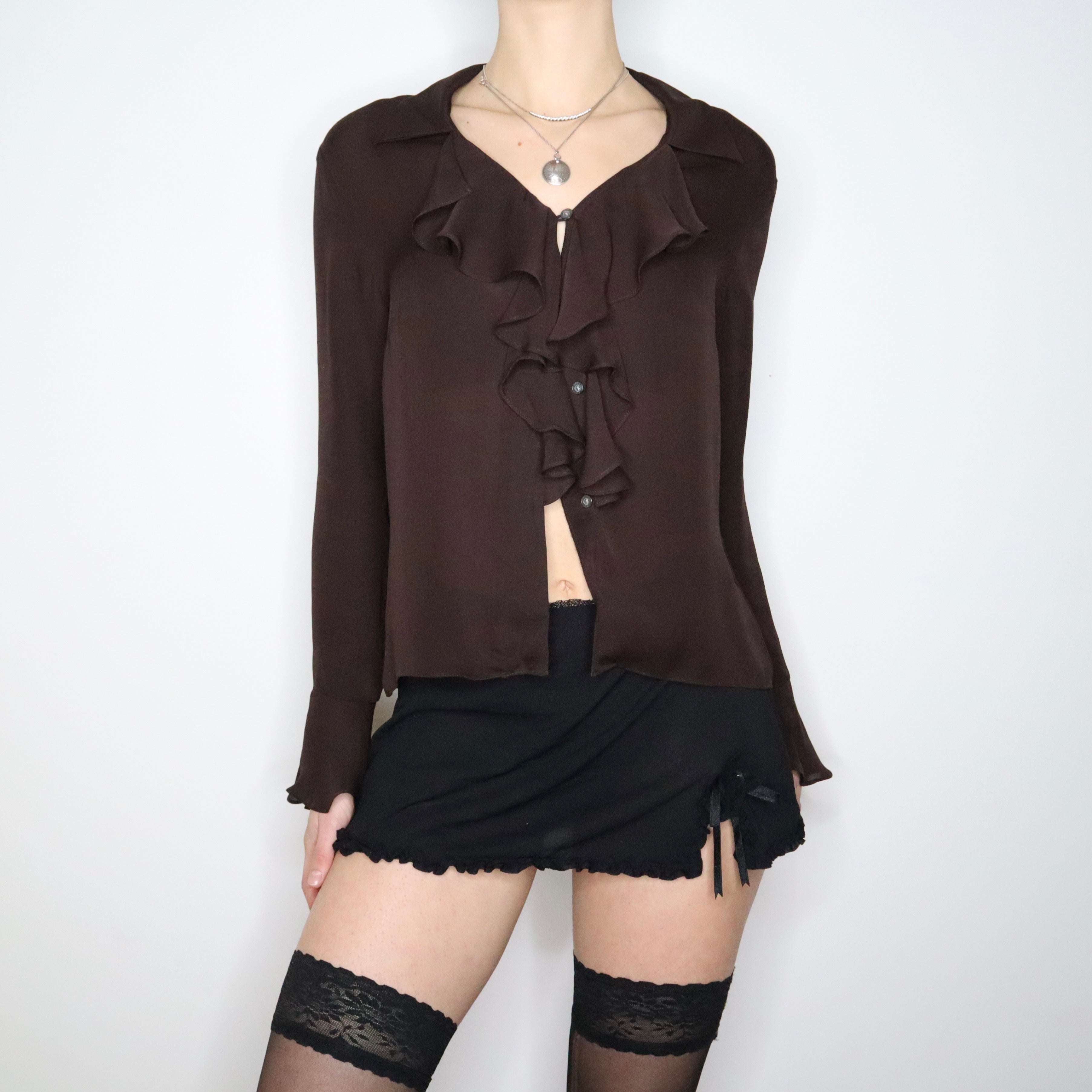 90s RALPH LAUREN Brown Silk Chiffon Ruffle Blouse (M/L)
