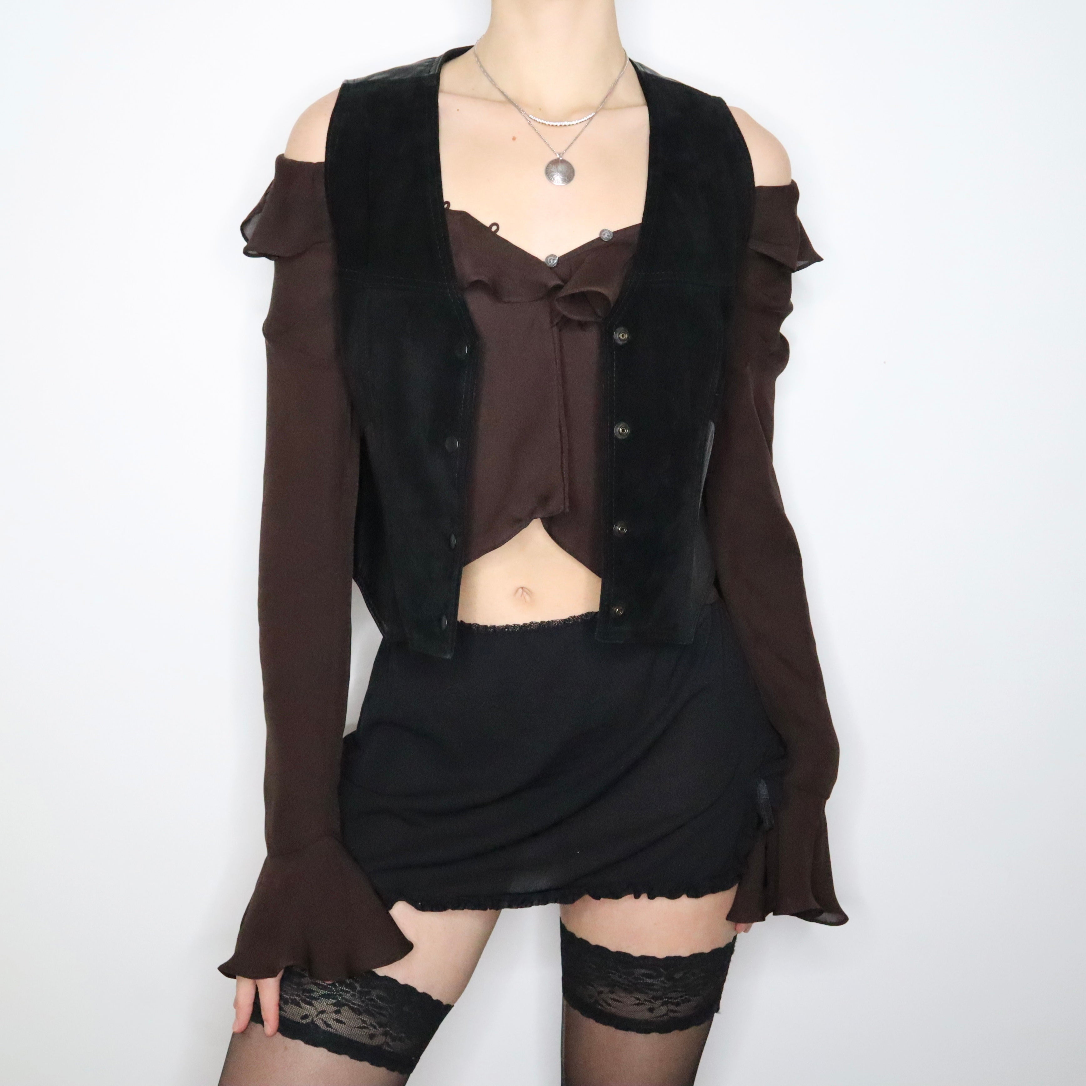 90s Black Leather and Suede Western Vest (S/M)