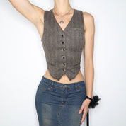 Vintage 90s Brown Tweed Waistcoat Vest (XS)