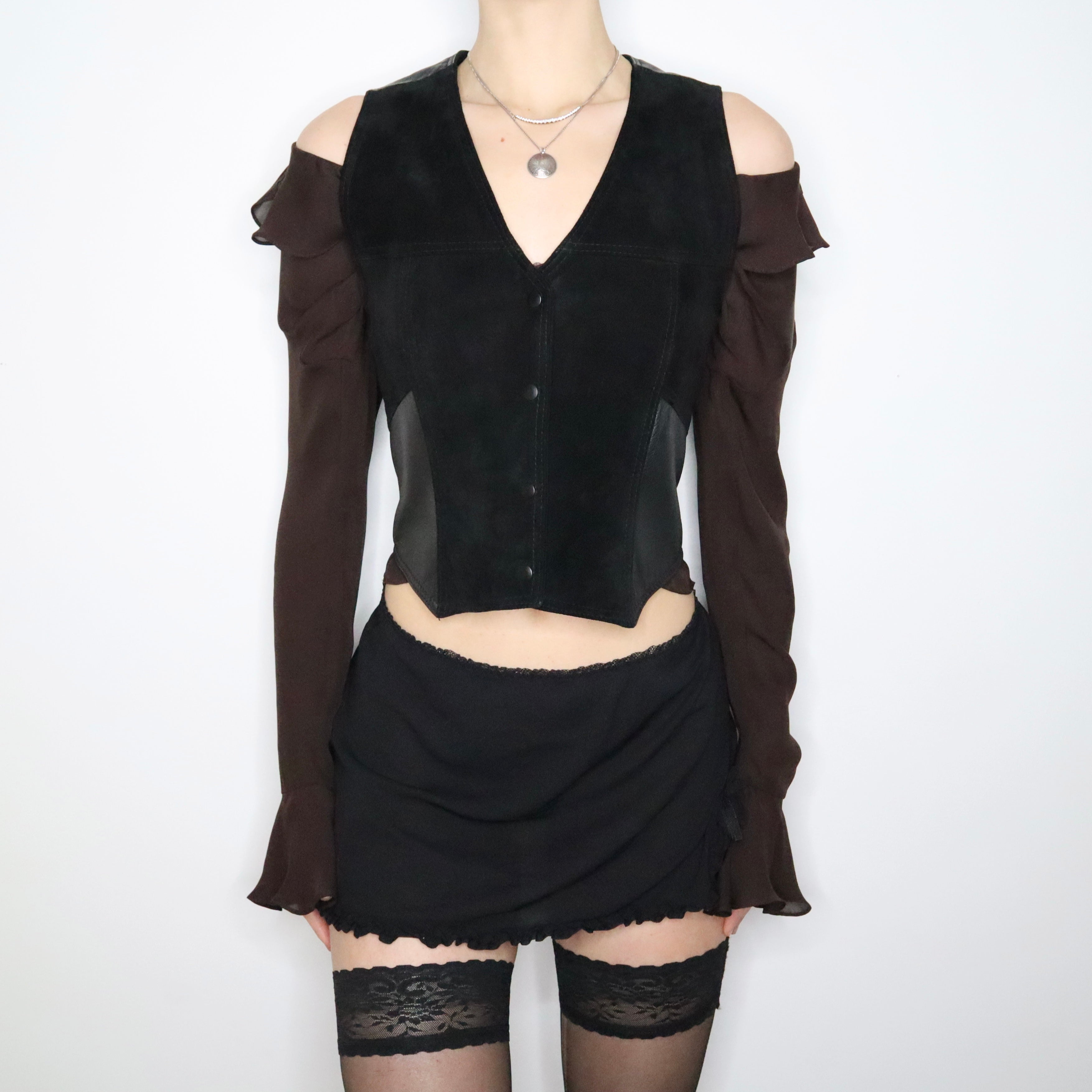 90s Black Leather and Suede Western Vest (S/M)