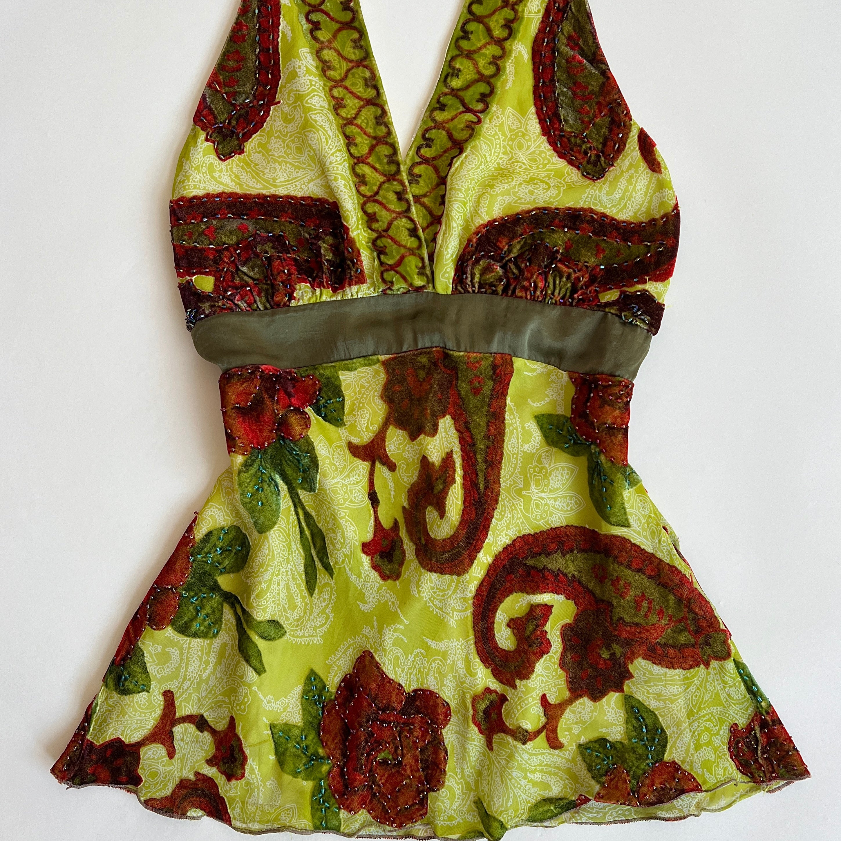 Green floral velvet beaded halter top (L)