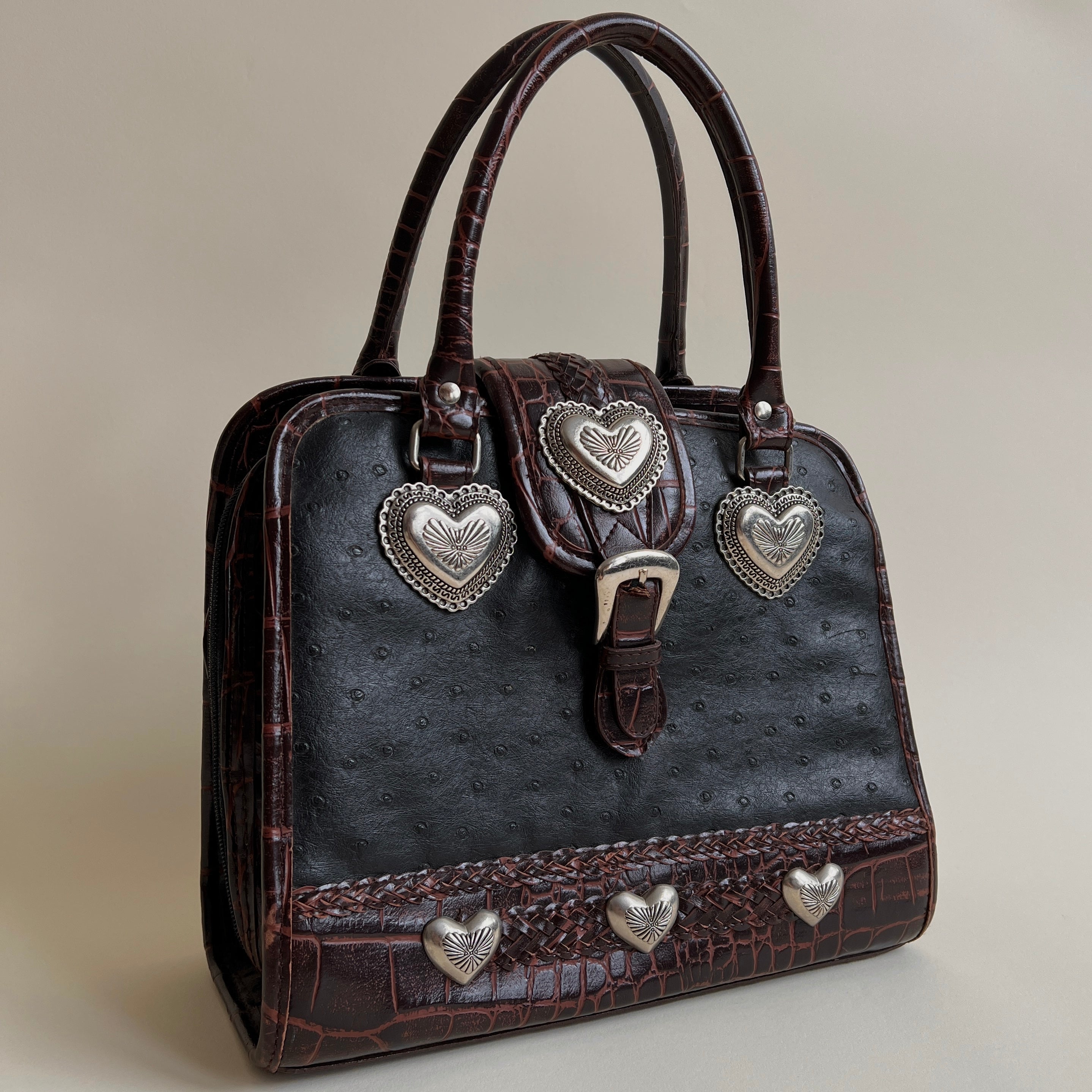 Dark western silver heart & faux leather purse