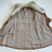 Vintage 70s light fur trim suede coat long - M/L