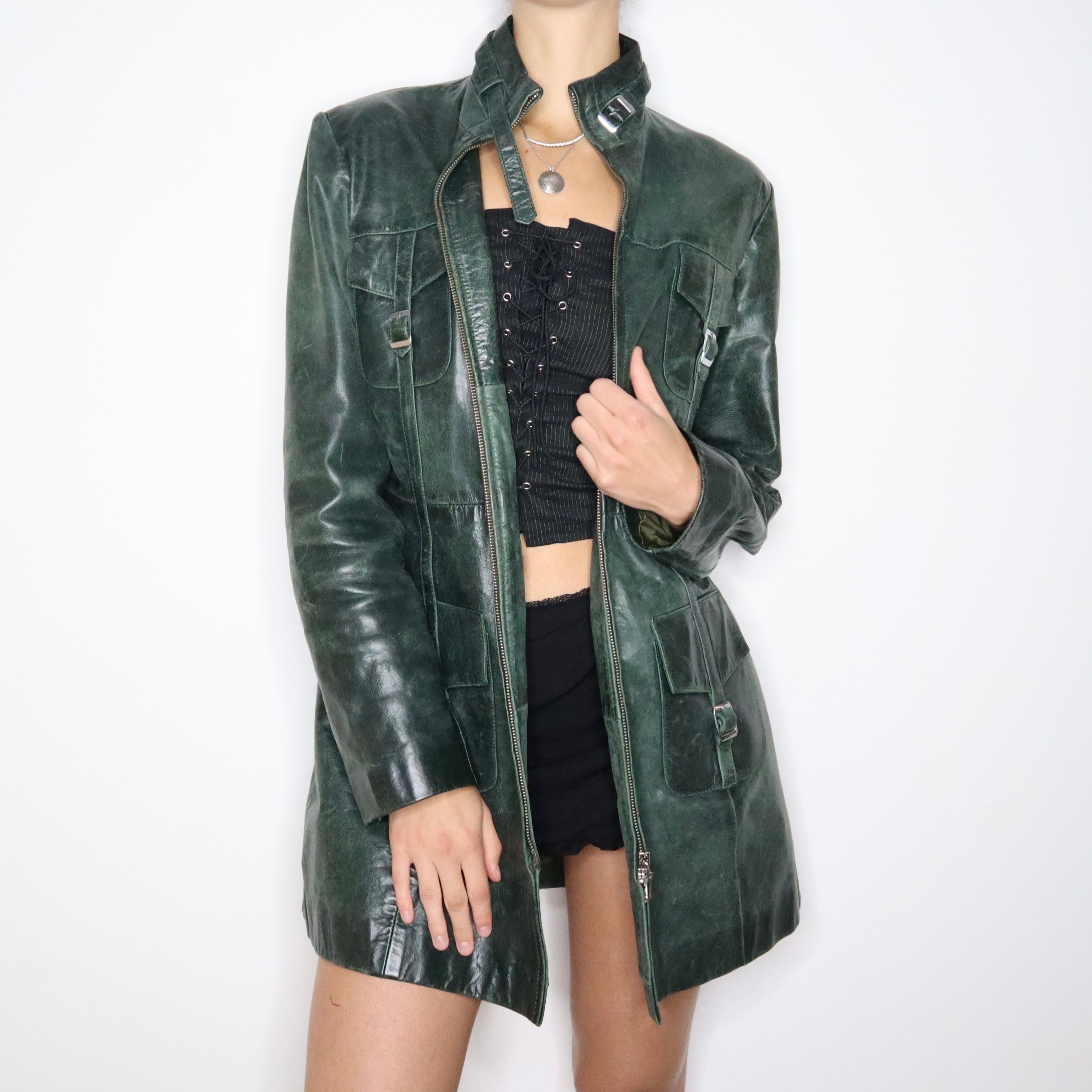Vintage 90s Jade Patina Leather Jacket (Large)