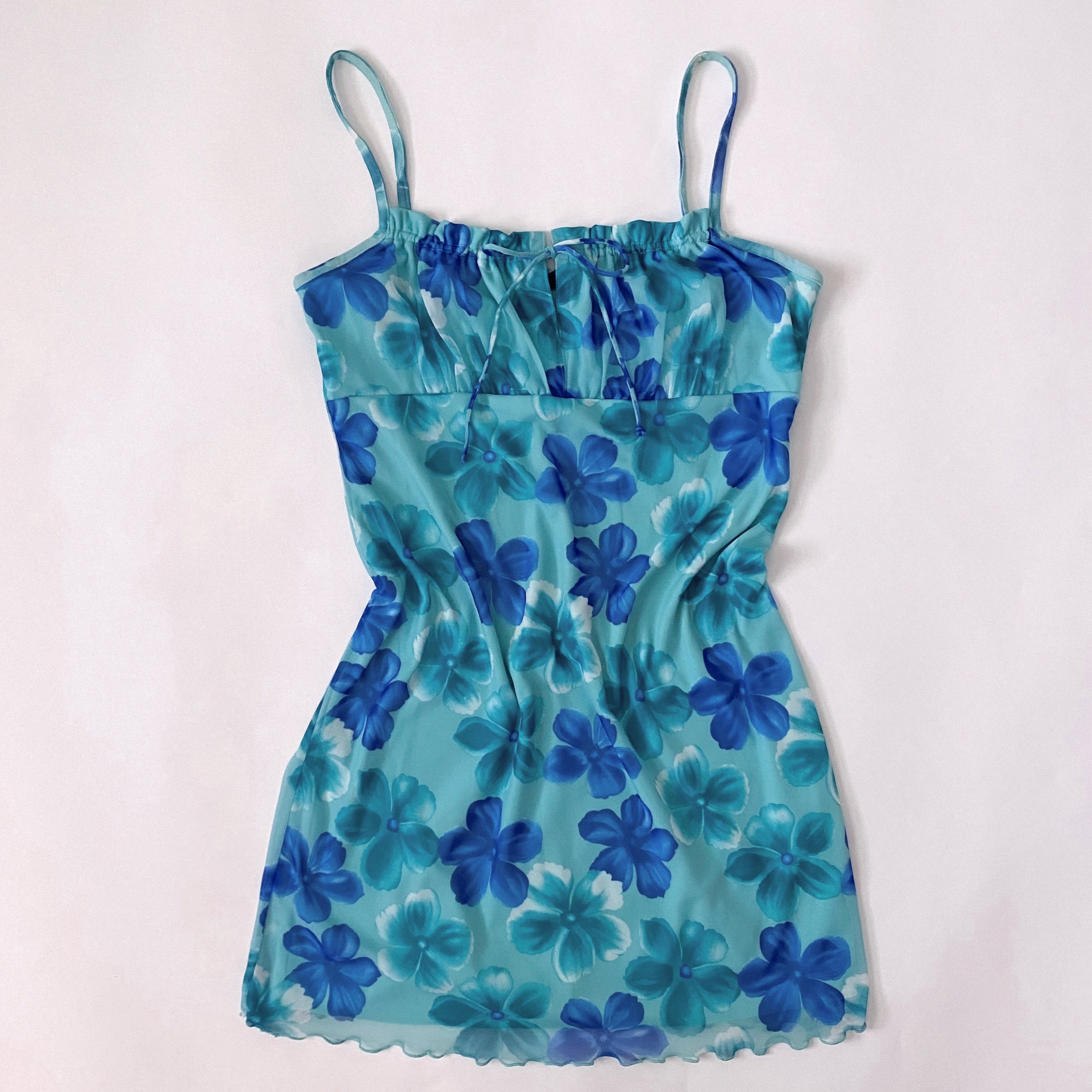 Y2K Blue Floral Mesh Mini Dress
