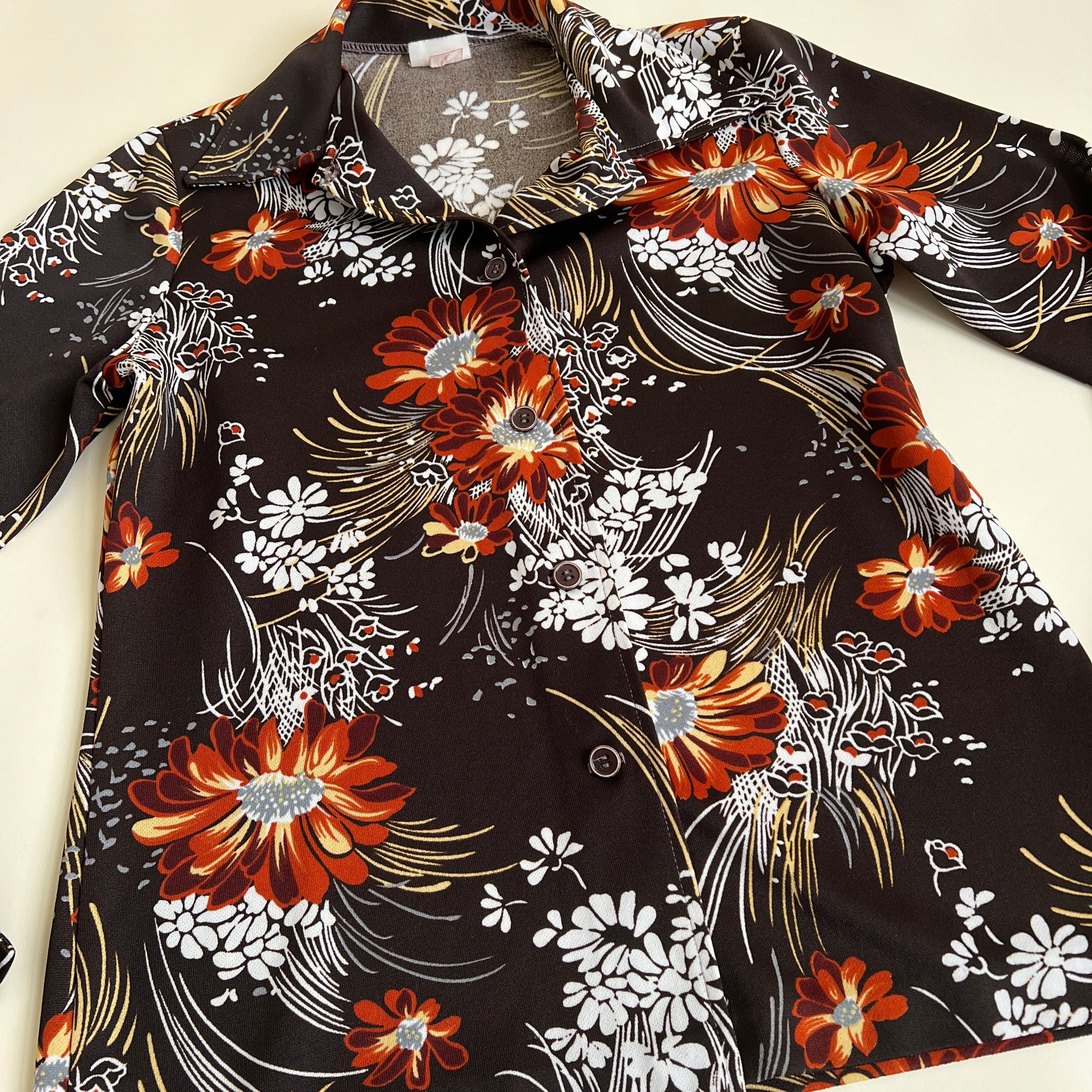 Vtg 70s brown floral button down shirt (L)