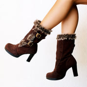 Furry Heeled Buckle Boots