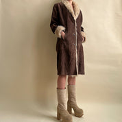 Vintage 90s brown suede + faux fur coat (XL)