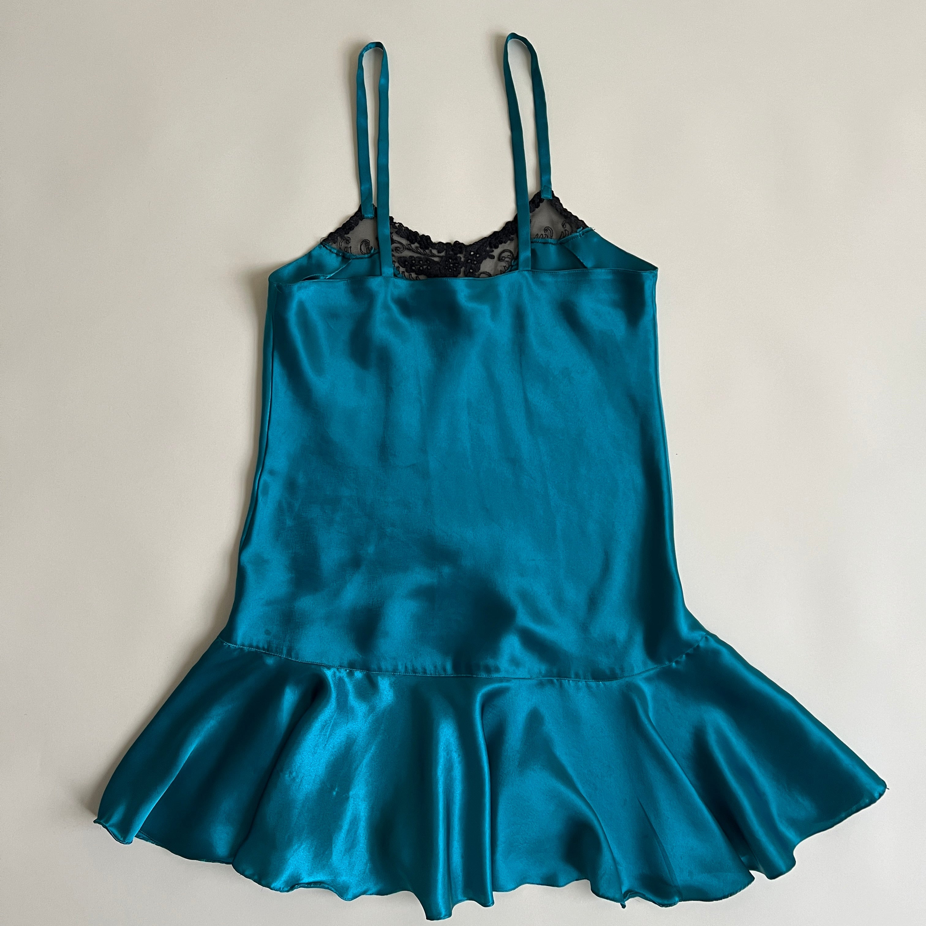 90s teal satin mini slip (M/L)