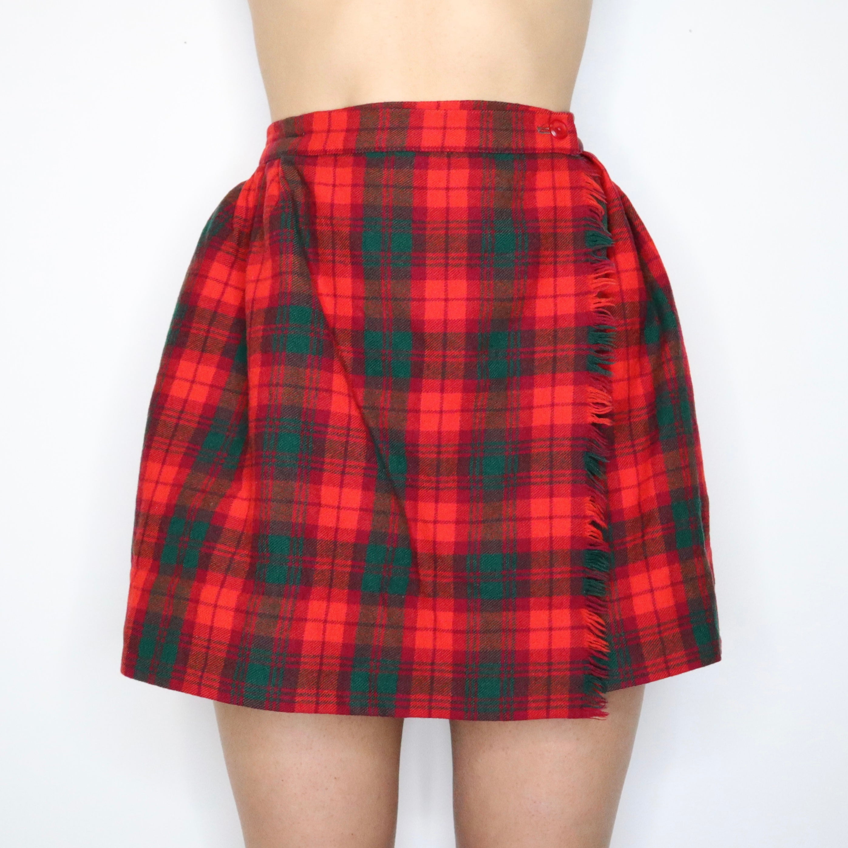 60s Red Plaid Wool Mini Skirt (XS)