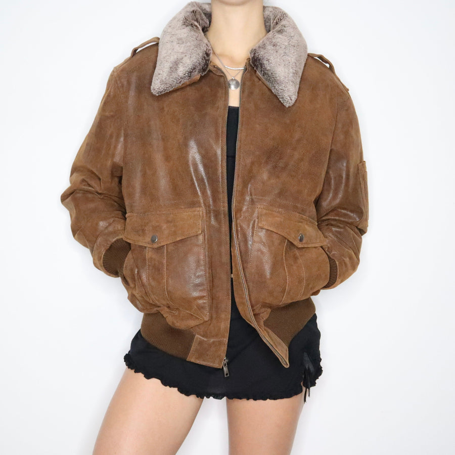 90s Oversized Brown Suede Bomber Jacket (L/XL)