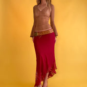 90’s Burgundy Asymmetrical Silk Maxi Skirt - Large