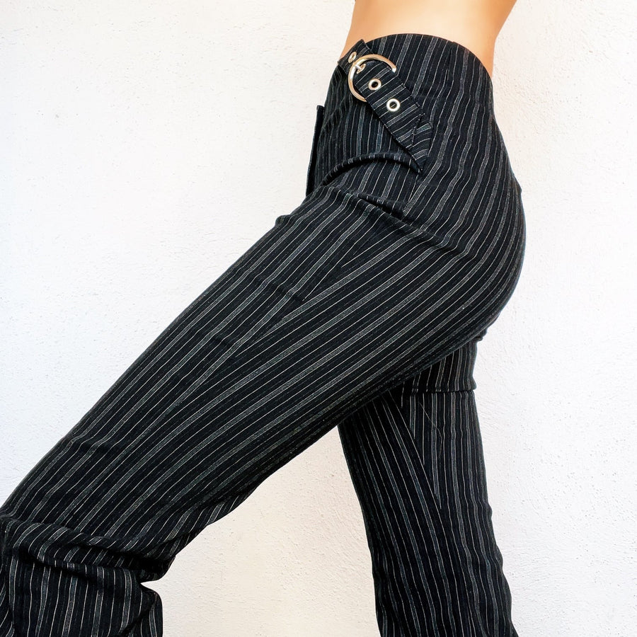 Black Pinstriped Buckle Pants