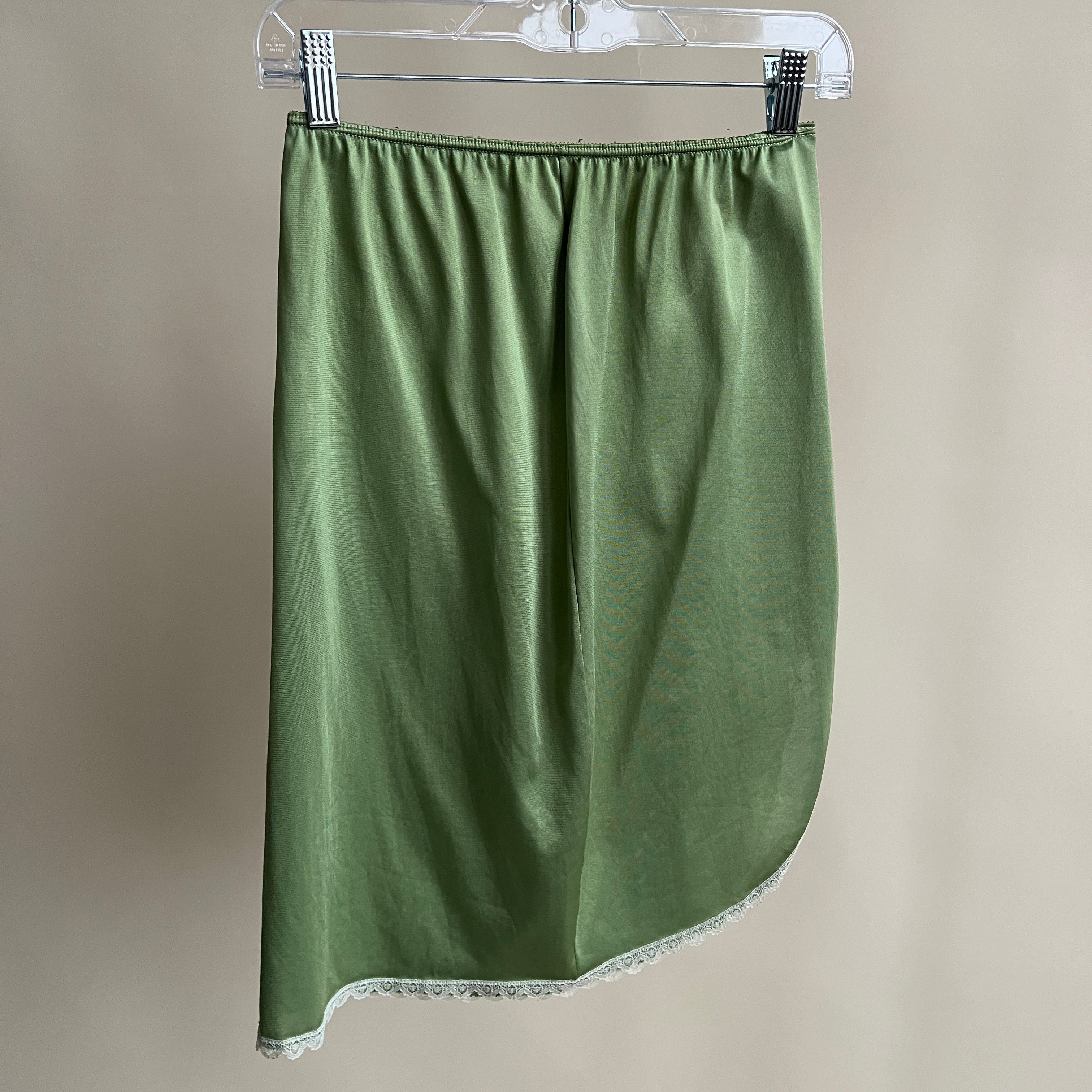 Hand dyed olive green satin slip skirt (S/M)