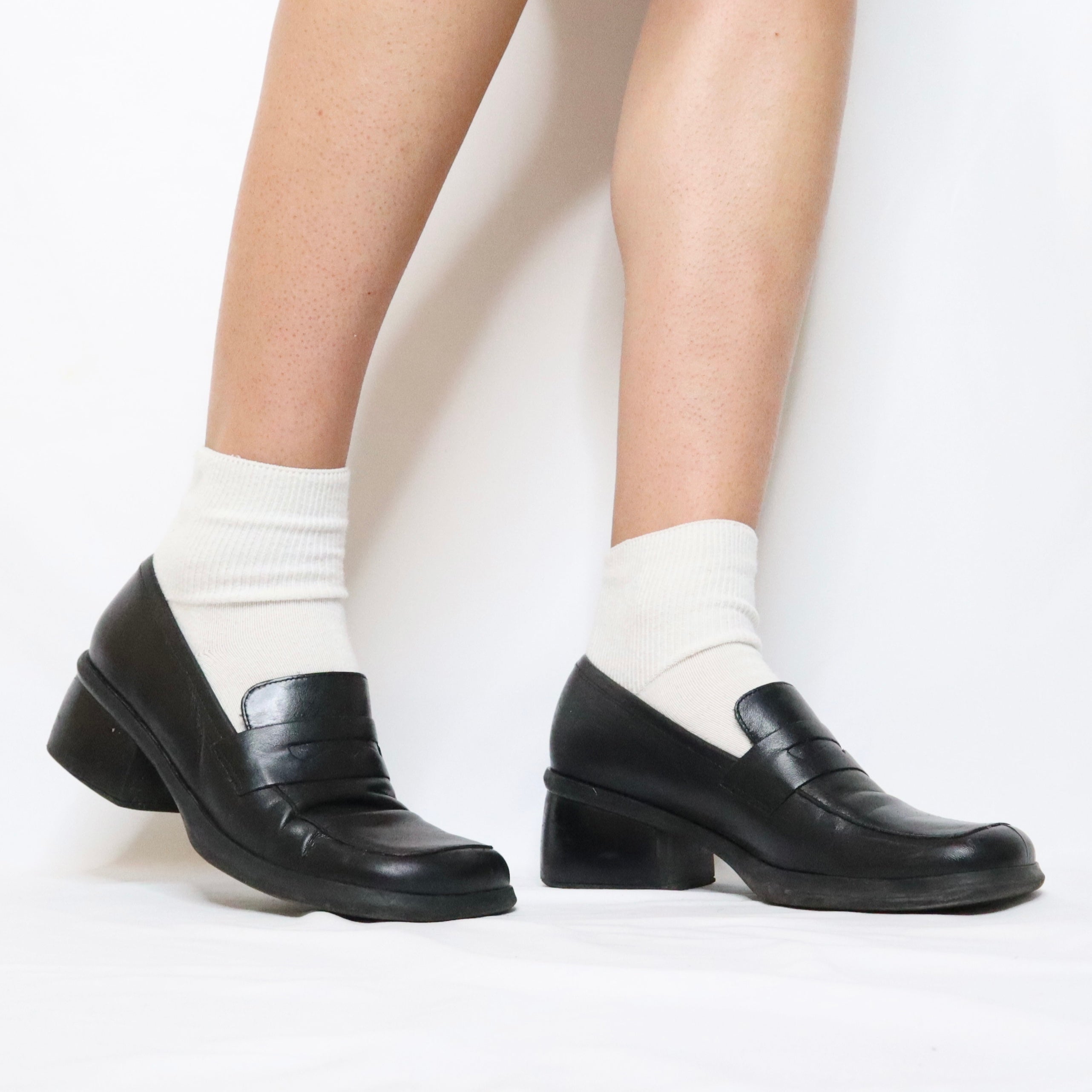 Black Leather Heeled Loafers (7 US)