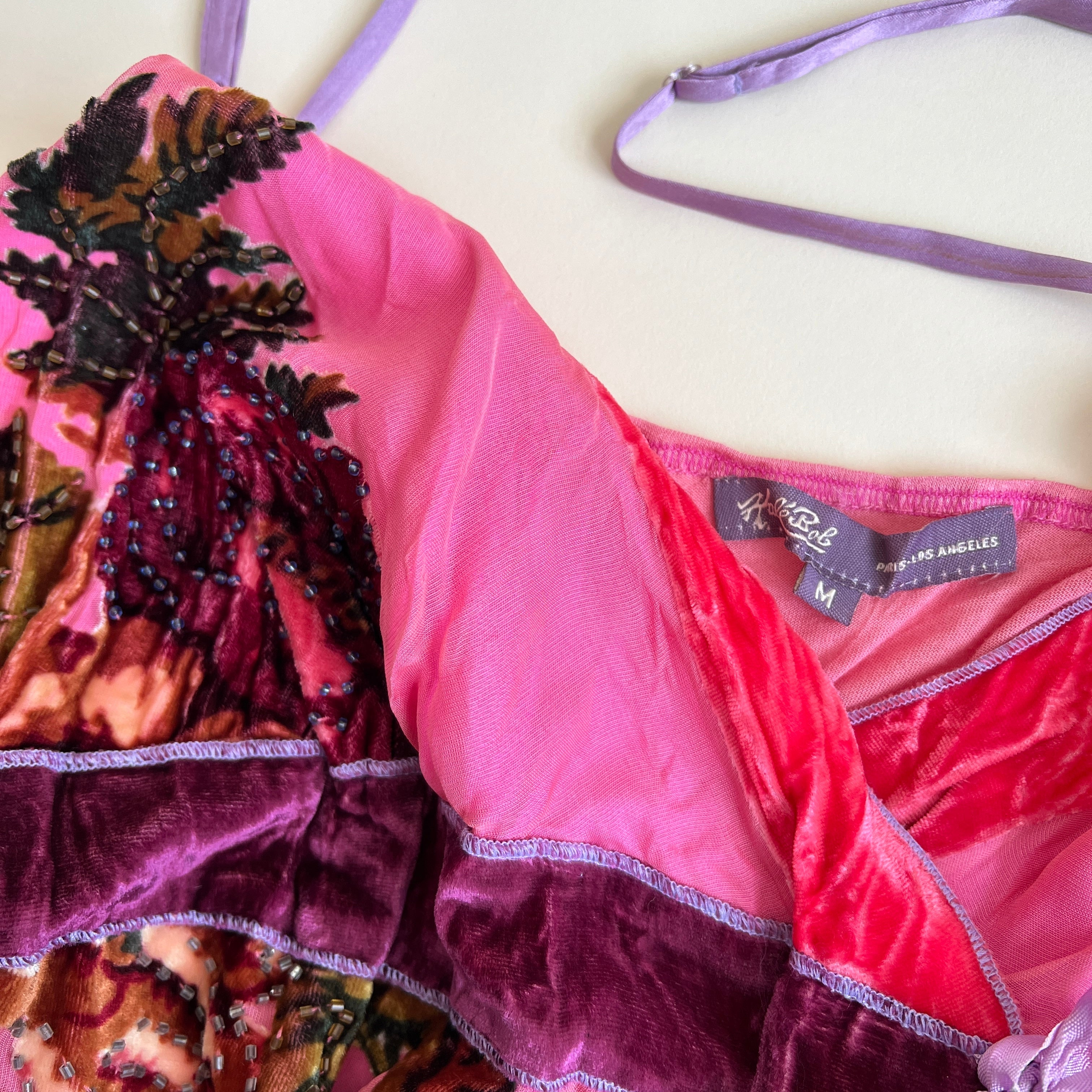 Pink floral velvet beaded cami (L)