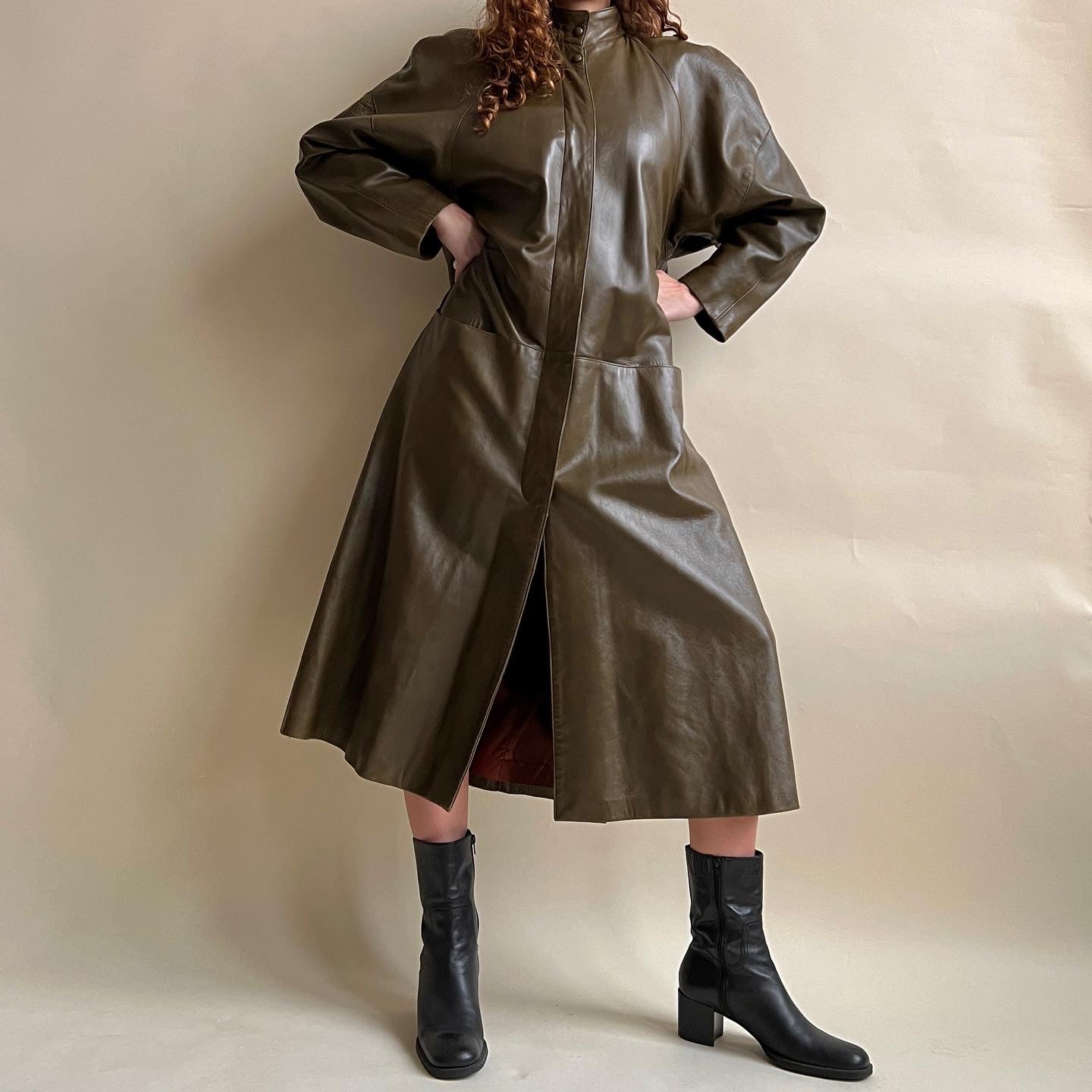 Vintage 90s olive leather maxi coat - XXL