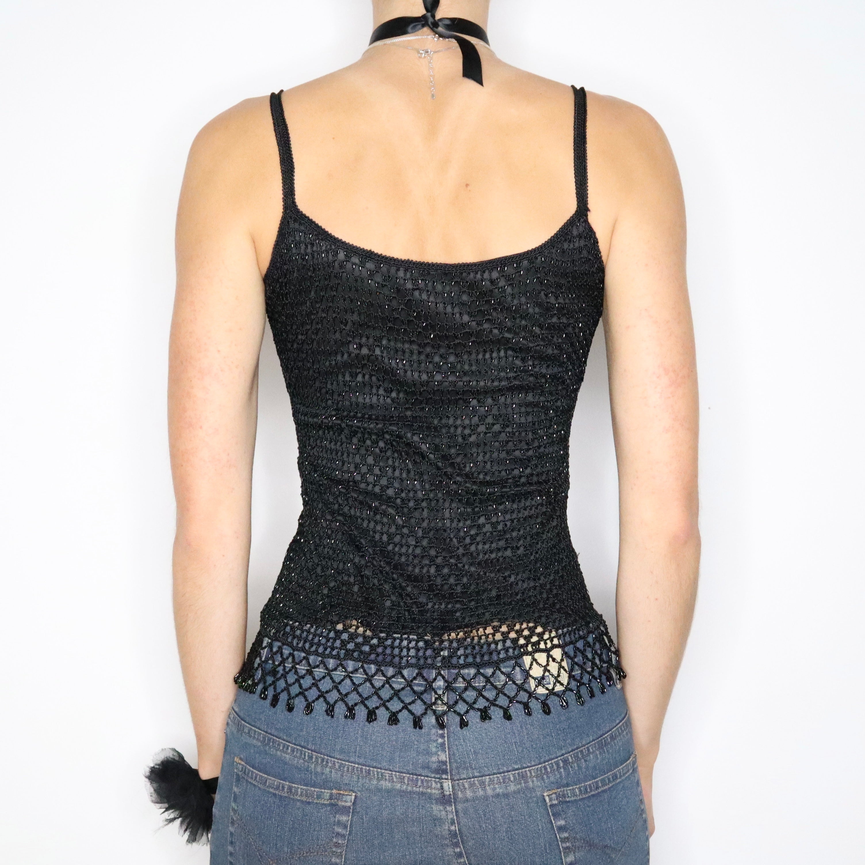 90s Black Beaded Crochet Camisole (S)