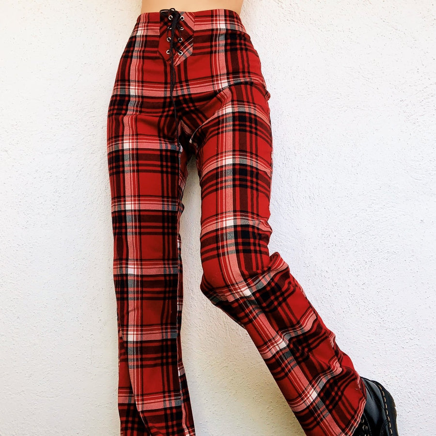 Red Plaid Lace Up Pants