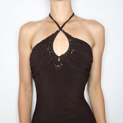Brown Beaded Halter Dress (S-M)